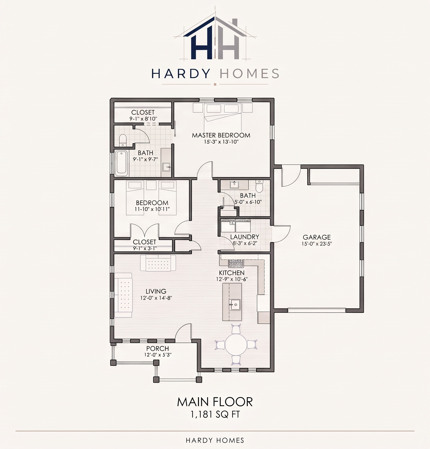 Main floor plan for The Granite Hardy Homes cottage, 1,181 square feet