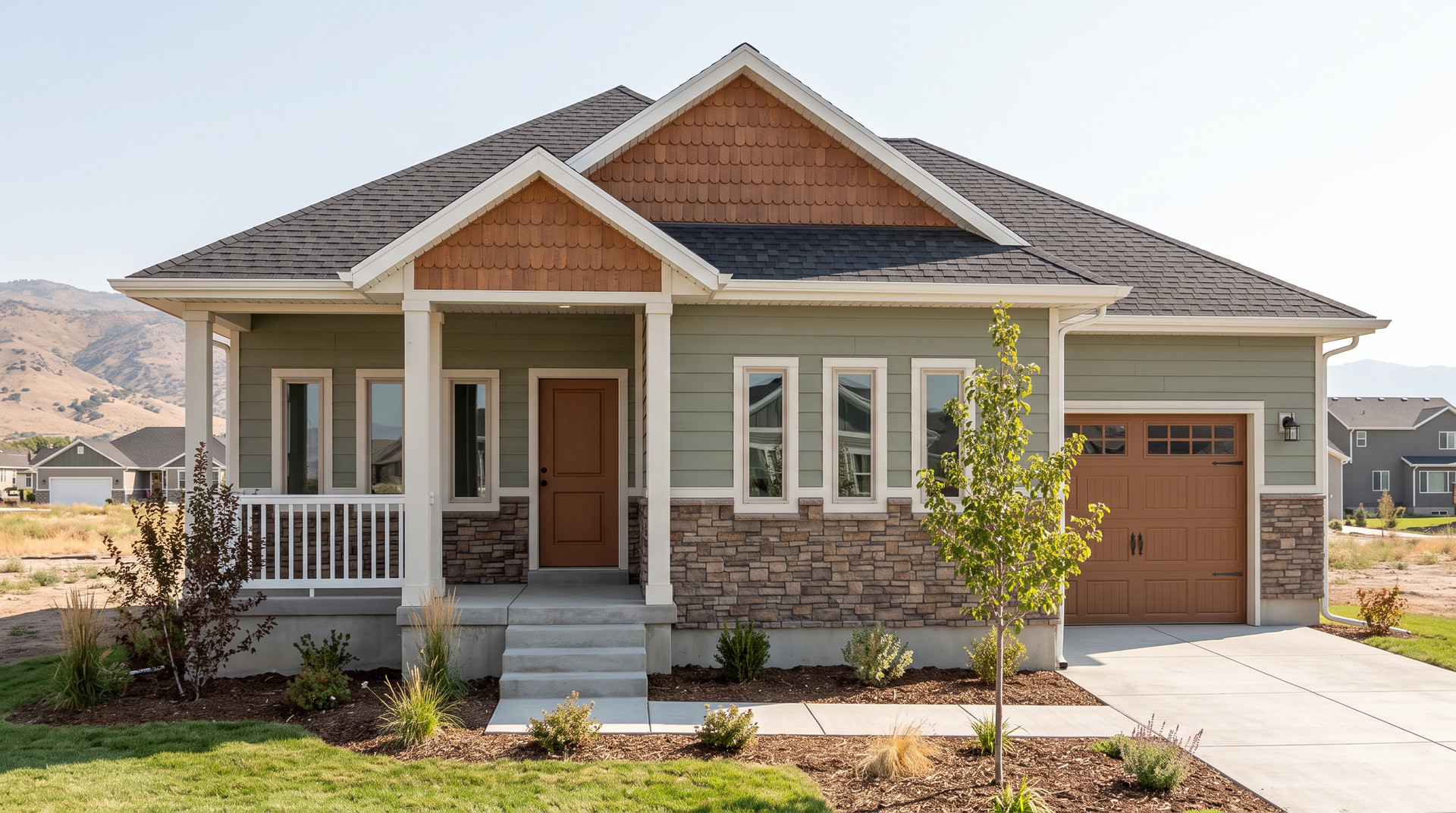 Second front exterior rendering of The Granite Hardy Homes cottage in daylight