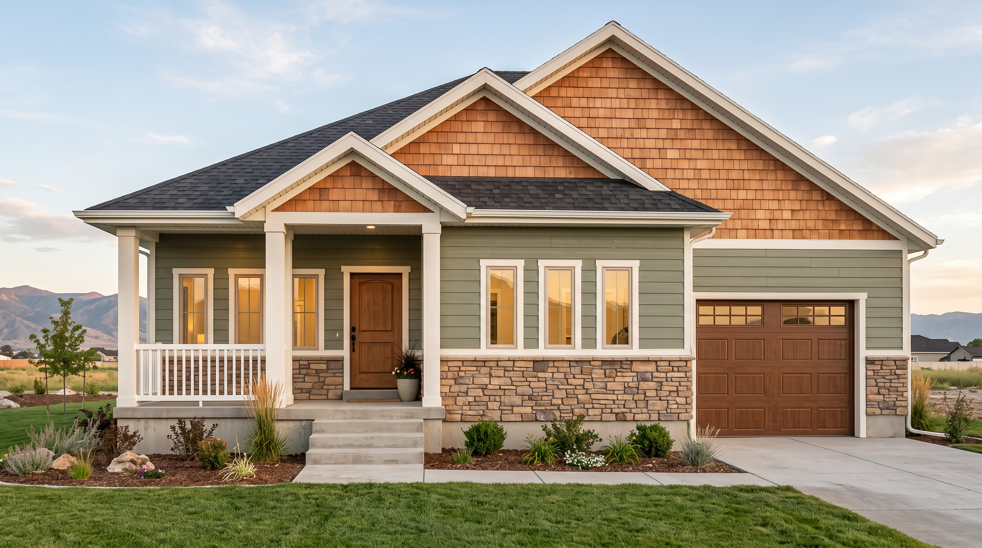 Front exterior rendering of The Granite, a 1,181 square foot single-story Hardy Homes cottage