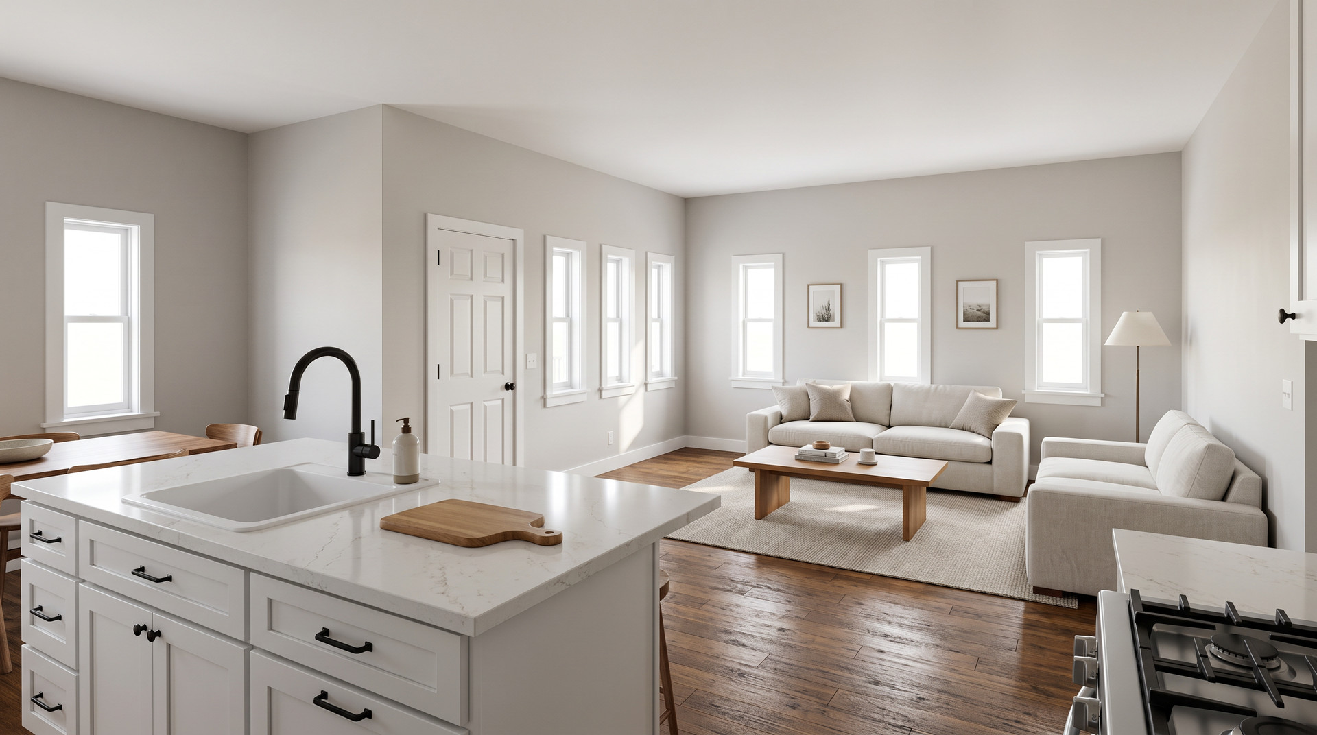 Living area rendering inside The Granite Hardy Homes cottage