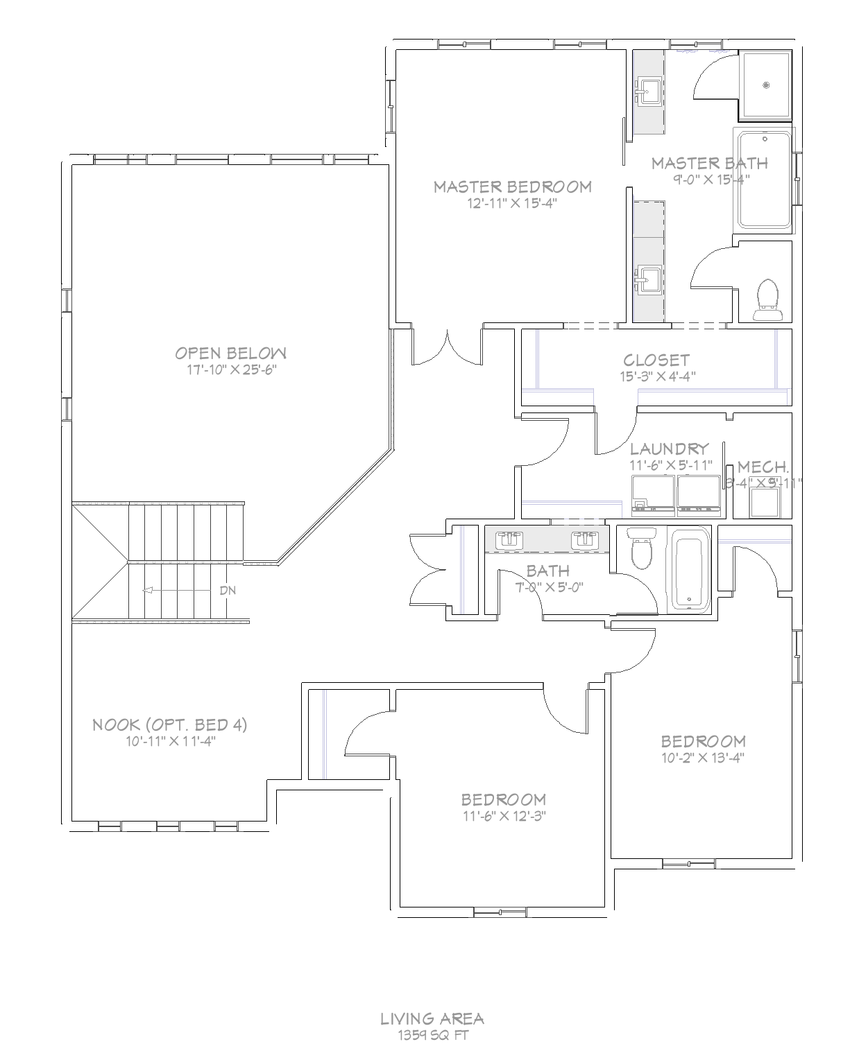 Upper floor plan for The Onyx Hardy Homes plan, 1,359 square feet
